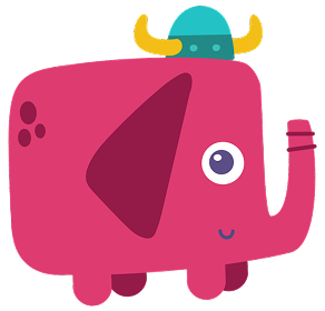 Cute pink cartoon elephant wearing a teal Viking helmet with yellow horns.