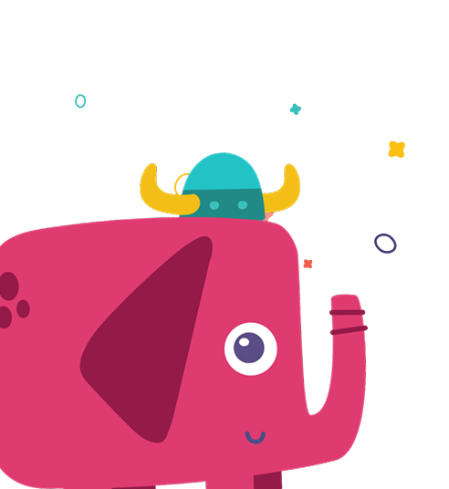 A colorful cartoon elephant wearing a hat.