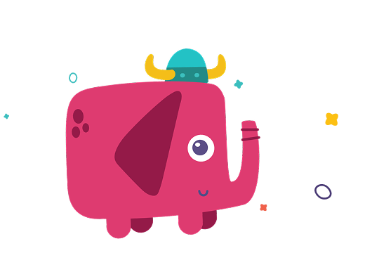 A colorful cartoon elephant wearing a hat.