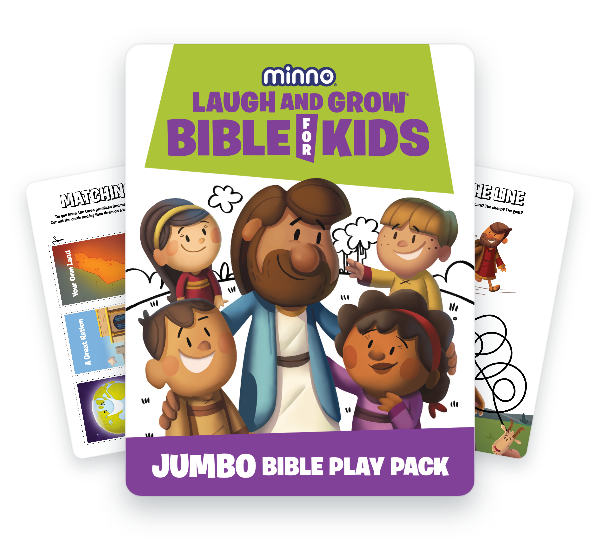 Jumbo Bible Play Pack cover: diverse kids laughing with a bearded man in a blue coat, lime green header reading 'Laugh and Grow Bible for Kids.