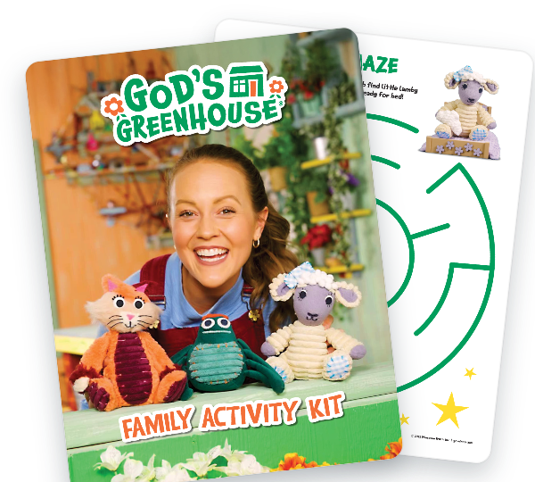Smiling woman with three colorful stuffed animal puppets in a bright, kid-friendly setting; God's Greenhouse Family Activity Kit cover