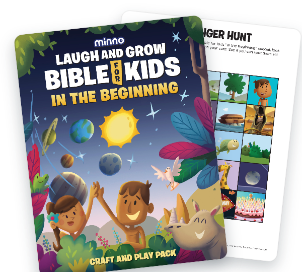 Colorful children's Bible cover titled Laugh and Grow Bible for Kids in the Beginning, showing two kids cheering under a sunny sky with planets and plants nearby.
