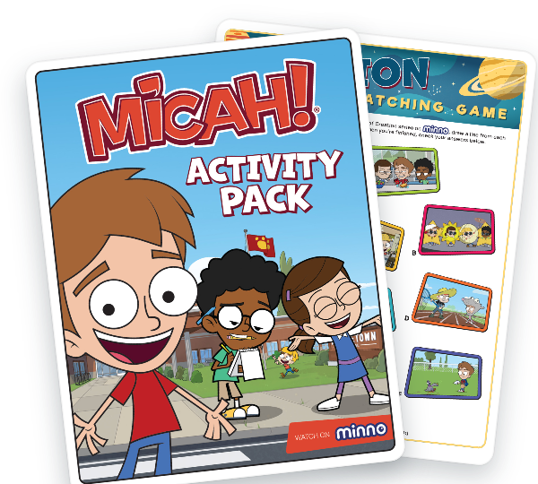 Cover of Micah! Activity Pack for kids, featuring cartoon characters and a bright blue title page.