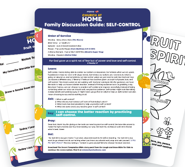 Front cover of a family discussion guide titled 'Family Discussion Guide: Self-Control' with a blue header and a fruit border across colorful pages