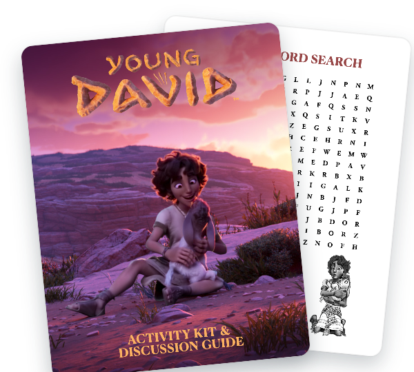 Young David Activity Pack thumbnail for a free printable kids activity with coloring pages, David’s decoder, matching, and word search activities.