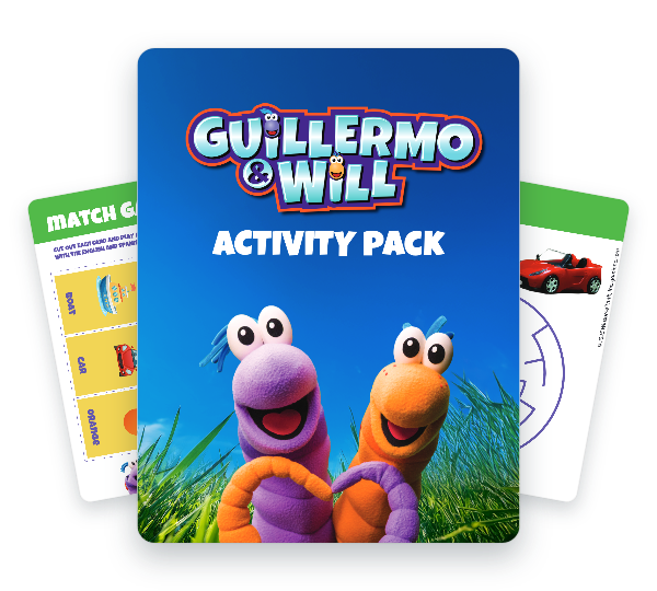 Guillermo and Will activity pack. Shows 2 worm friends in the grass looking and smiling at the camera.