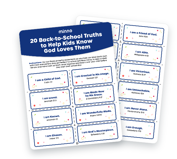 Printable lunchbox notes featuring 20 biblical truths and Scripture references for kids