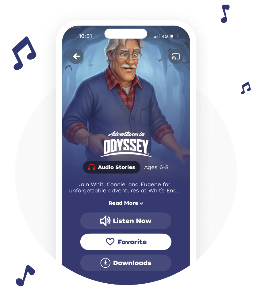 Mobile app screen for 'Adventures in Odyssey' with an elderly man illustration and buttons: Listen Now, Favorite, Downloads (ages 6-8).