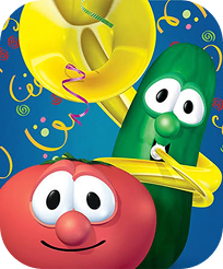 Two smiling cartoon vegetables—a red tomato and a green cucumber—play a yellow trumpet together on a colorful confetti background.