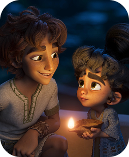 Two young siblings sit by a small campfire at night; the older boy smiles at the younger girl who holds a flame.
