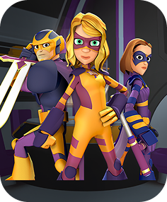 Three masked superheroes in purple and yellow costumes stand together in a high-tech setting, striking confident poses.