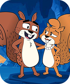 Two cheerful cartoon chipmunks stand together in a blue ice cave, one wearing sunglasses and the other with a pearl necklace, smiling and posing with friendly arms around each other.