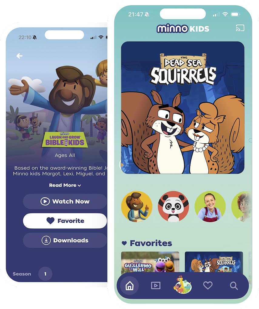 Mobile screens from the Minno Kids app: left screen shows Watch Now and Download buttons; right screen features the Dead Sea Squirrels artwork with a navigation bar below.