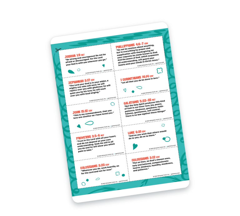 Angled tablet showing a grid of white scripture cards with red verse headings and teal decorative border.