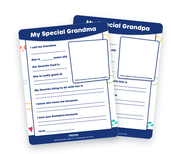 Two printable activity sheets titled 'My Special Grandma' and 'My Special Grandpa' with fill-in prompts and a blank drawing box for each relative.