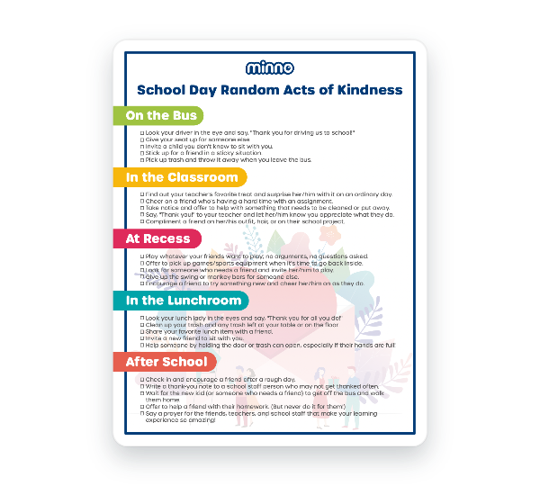 School-Day Random Acts of Kindness printable with kindness activities for the bus, classroom, recess, lunchroom, and after-school routines.