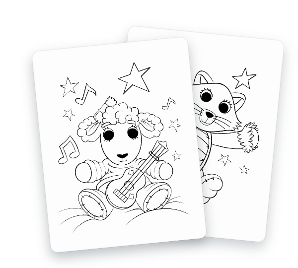 God's Greenhouse coloring sheets featuring Bow Lamb, Kittycake, and Kevin from the children's series in playful scenes for kids to color.