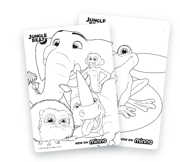 Jungle Beat coloring pages featuring a monkey, elephant, rhino, sloth, and frog for kids to color.