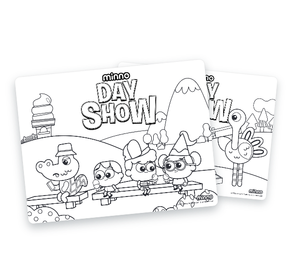 Minno Day Show coloring page of four kids eating ice cream cones together on a bench