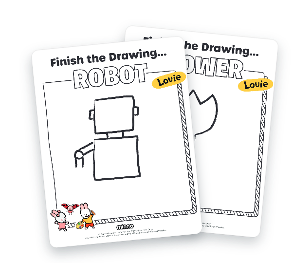 Cover of a children's drawing activity book: 'Finish the Drawing... ROBOT Louie' with a simple robot sketch and small bunny characters at the bottom left corner.