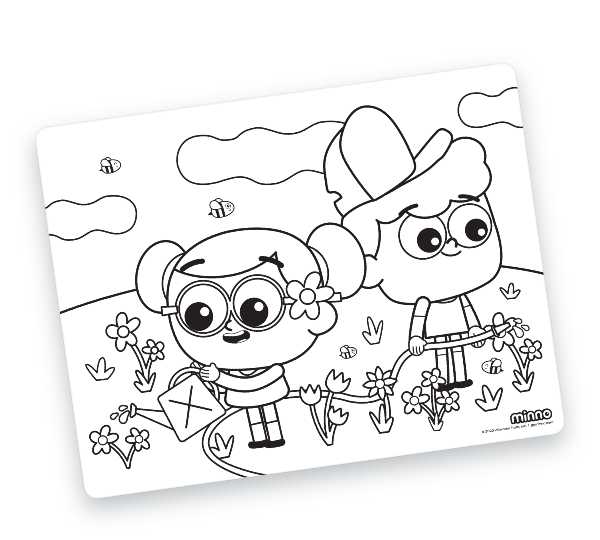 Spring coloring pages featuring Minno World characters for kids to color.