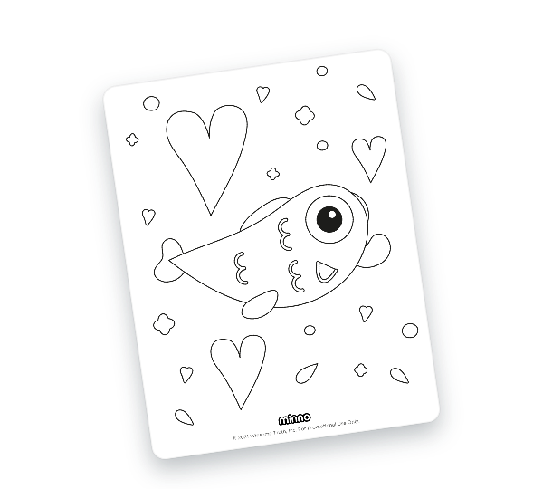 Valentine's Day coloring page with hearts and the Bible verse 1 John 4:19 plus Max the minno.
