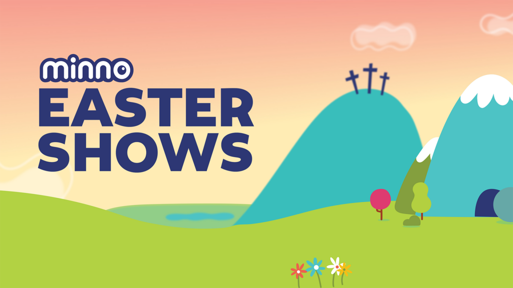 Banner advertising Mimo Easter Shows with bold navy text on the left and a colorful cartoon landscape of hills and mountains.