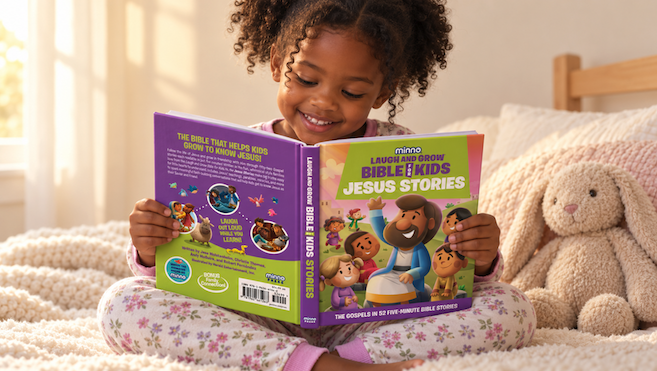 Smiling young girl sits on a cozy bed reading a colorful children's Bible stories book, with a plush bunny beside her.