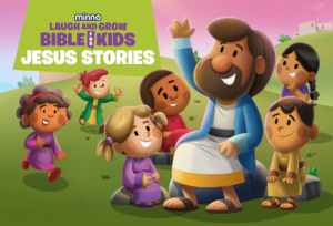 Jesus sits with children gathered around him in a bright outdoor scene, smiling and listening as kids look joyful and engaged.